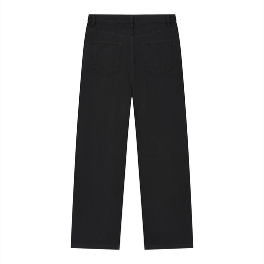Black wide-leg jeans shown from the back, featuring two back pockets and a straight-to-slightly-relaxed leg, on a solid white background.