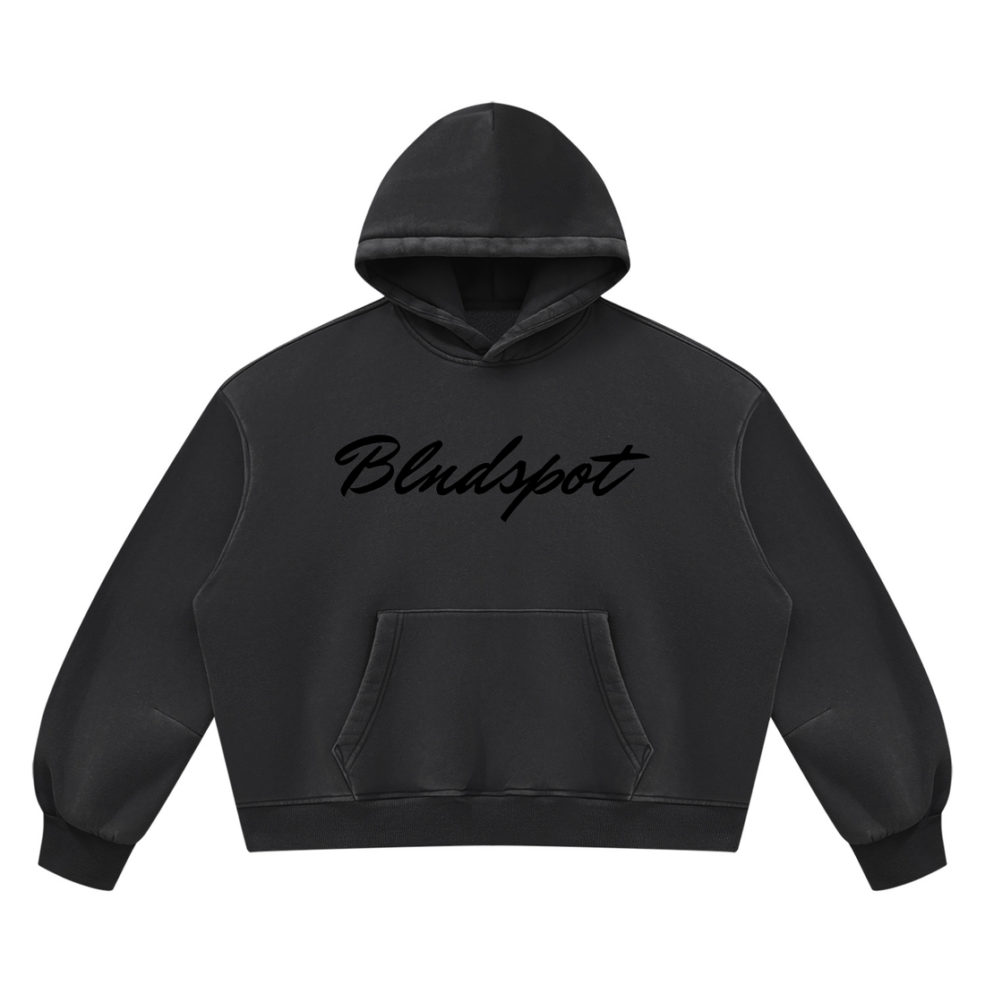 Front view of black BLNDSPOT vintage wash boxy fleece hoodie with chest script and a kangaroo pocket.