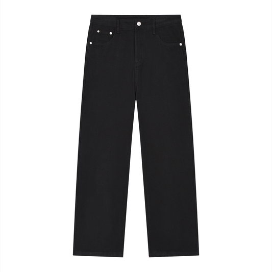 Black wide-leg jeans with silver rivets and a silver button, shown flat against a white background.