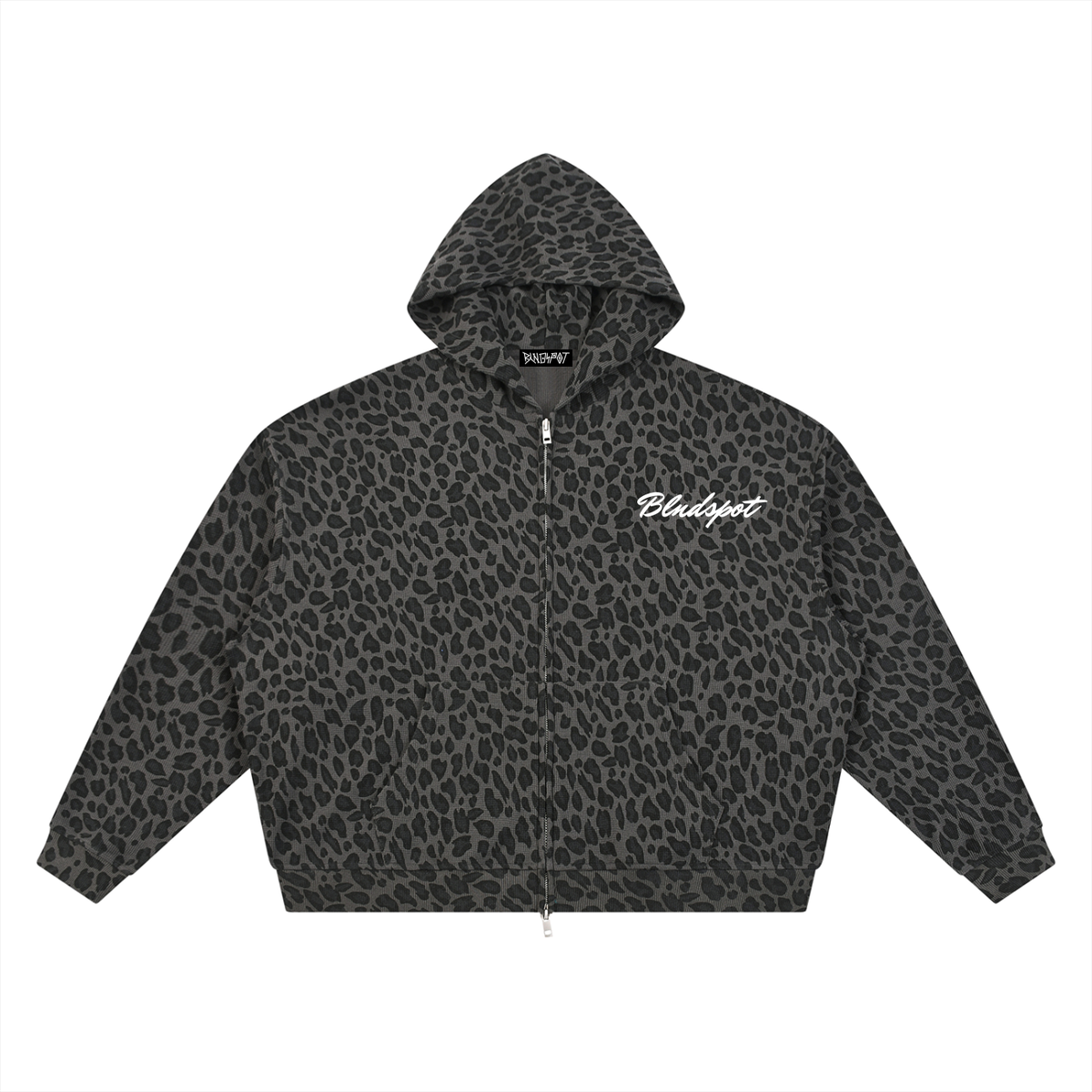 BLNDSPOT Script Leopard Waffle Knit Zip-Up Hoodie