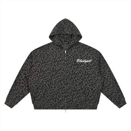 BLNDSPOT Script Leopard Waffle Knit Zip-Up Hoodie