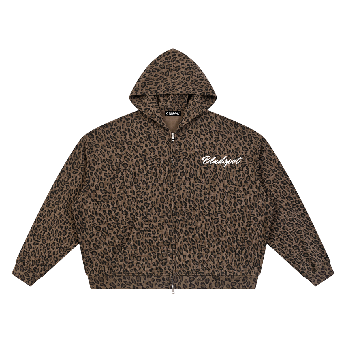 BLNDSPOT Script Leopard Waffle Knit Zip-Up Hoodie