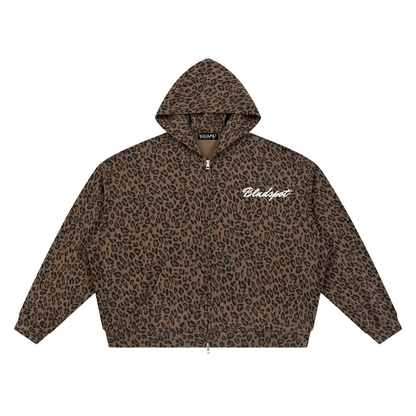 BLNDSPOT Script Leopard Waffle Knit Zip-Up Hoodie